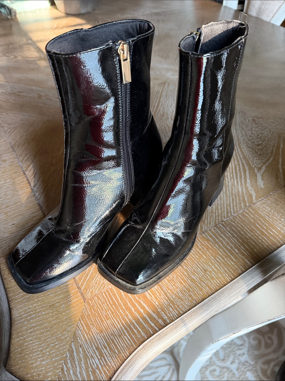 Black Patent Square-Toe Ankle Boots